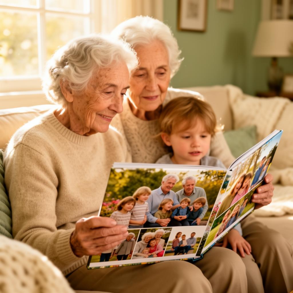 Grandmother and grandchild looking at a printed family photobook together on a sunlit sofa